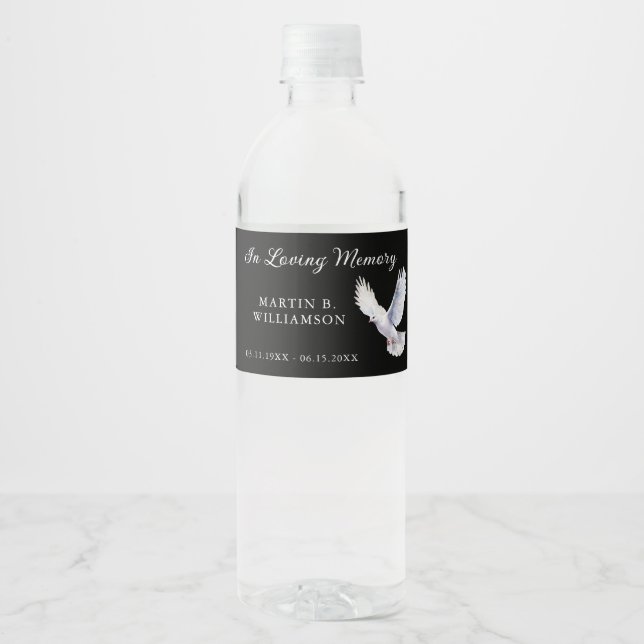 Memorial Funeral Dove In Loving Memory Name Water Bottle Label (Front)