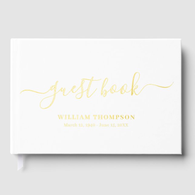 Memorial Funeral Elegant Script Gold White Guest Book (Front)