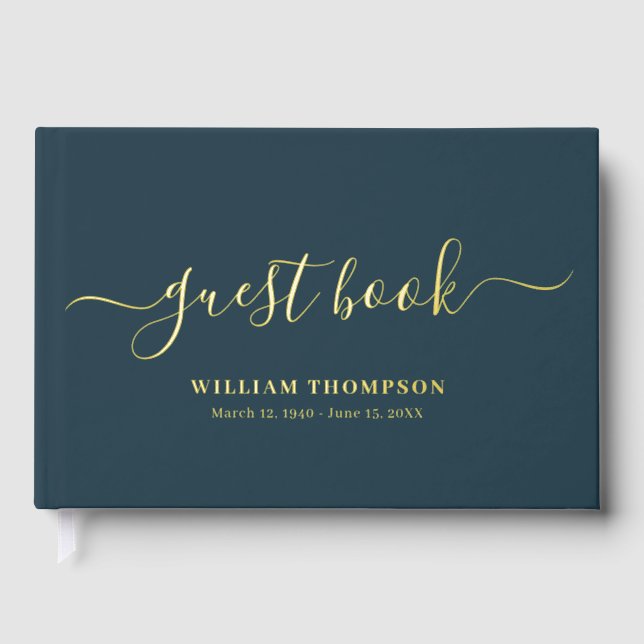Memorial Funeral Elegant Script Navy Gold Guest Book (Front)