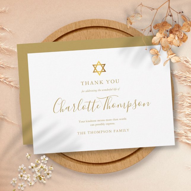 Memorial Funeral Gold Star of David Jewish Simple Thank You Card (Memorial Funeral Gold Star of David Jewish Simple Thank You Card)