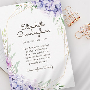 Memorial Funeral Hydrangea Lilac Flowers Geometric Thank You Card