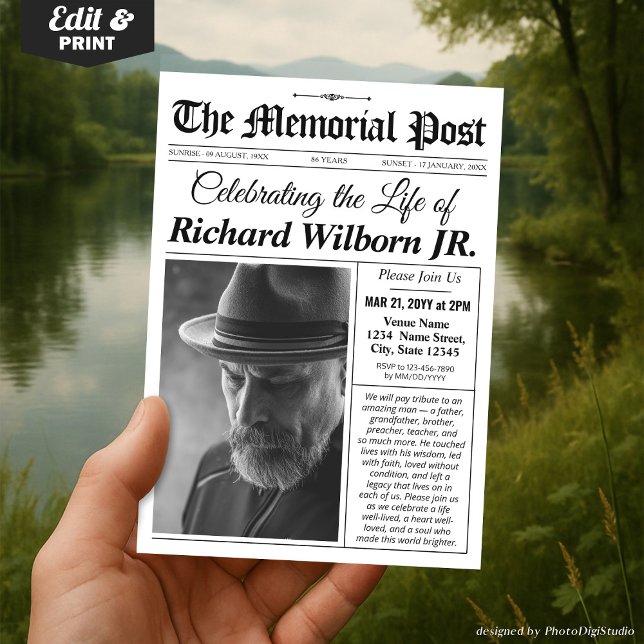 Memorial Funeral Invitation Newspaper Invite (Memorial Invitation Funeral  Newspaper Invite Celebration of Life Invitation Card)