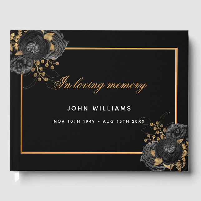 Memorial funeral loving memory black gold floral guest book (Front)