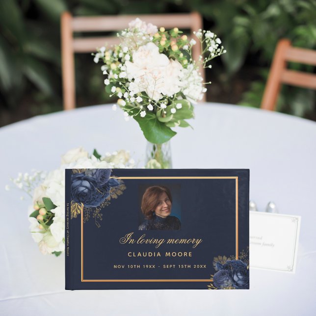 Memorial funeral loving memory blue floral photo guest book (Creator Uploaded)