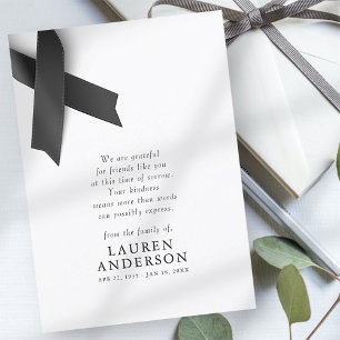 Memorial Funeral Modern Simple Chic Black Ribbon Thank You Card
