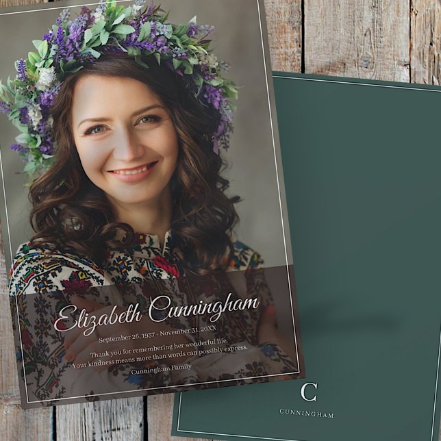 Memorial Funeral Monogram Modern Classic Photo Thank You Card (Creator Uploaded)