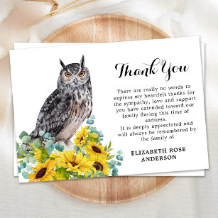 Memorial Funeral Owl Sunflowers Sympathy Thank You Card