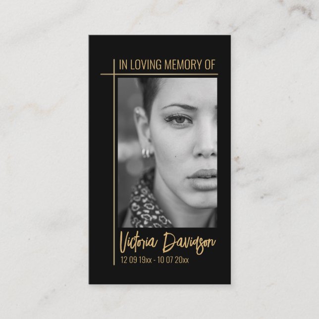 Memorial Funeral Photo Prayer Golden Cross Frame Business Card (Front)