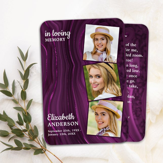 Memorial Funeral Prayer Card 3 Photo Purple Marble (Creator Uploaded)