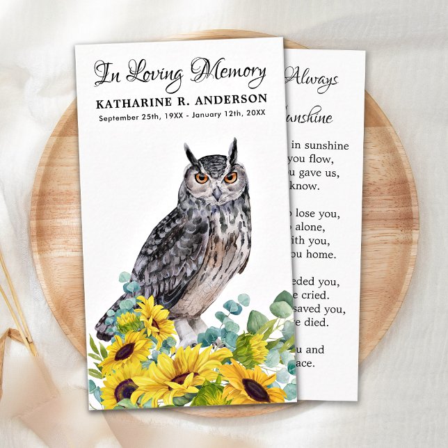 Memorial Funeral Prayer Card Owl Sunflower Floral (Creator Uploaded)