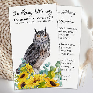 Memorial Funeral Prayer Card Owl Sunflowers