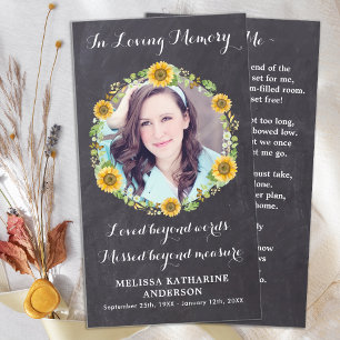 Memorial Funeral Prayer Card Sunflower Floral