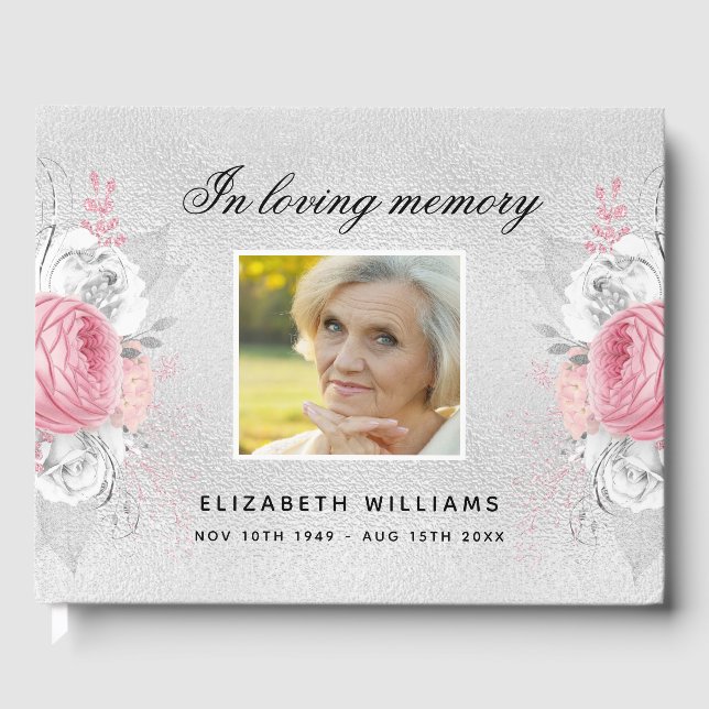 Memorial funeral silver pink florals photo guest book (Front)