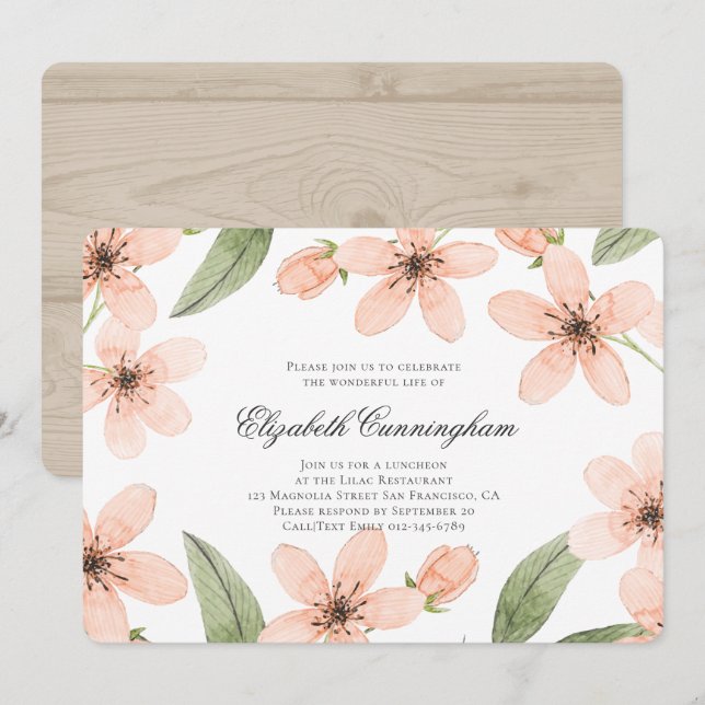Memorial Funeral Watercolor Floral and Foliage Invitation (Front/Back)