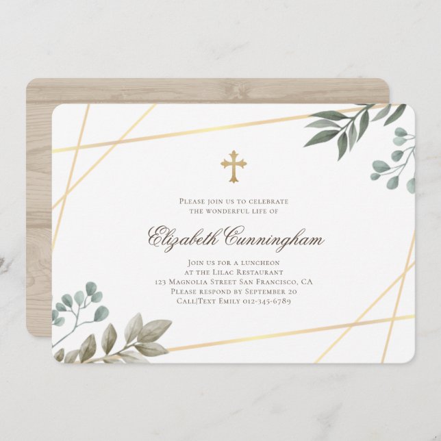 Memorial Funeral Watercolor Foliage Geometric Invitation (Front/Back)