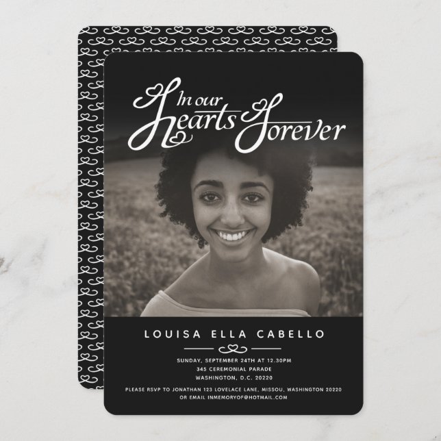Memorial in hearts photo funeral black invitations (Front/Back)