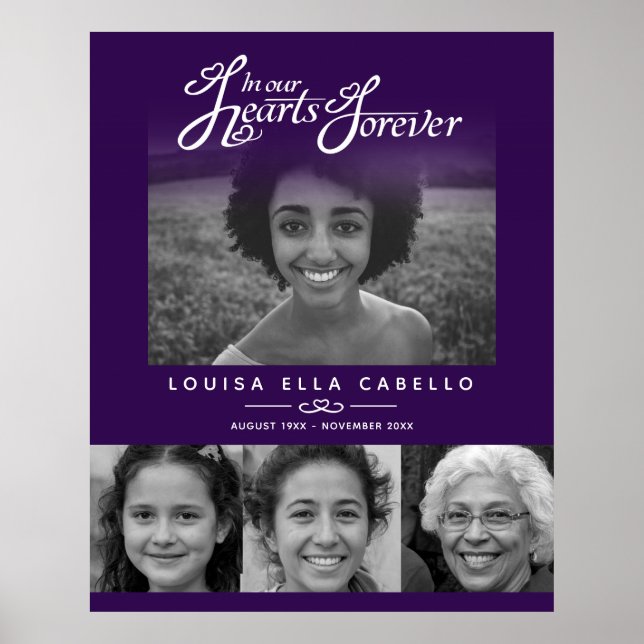 Memorial in hearts photos funeral purple white poster (Front)