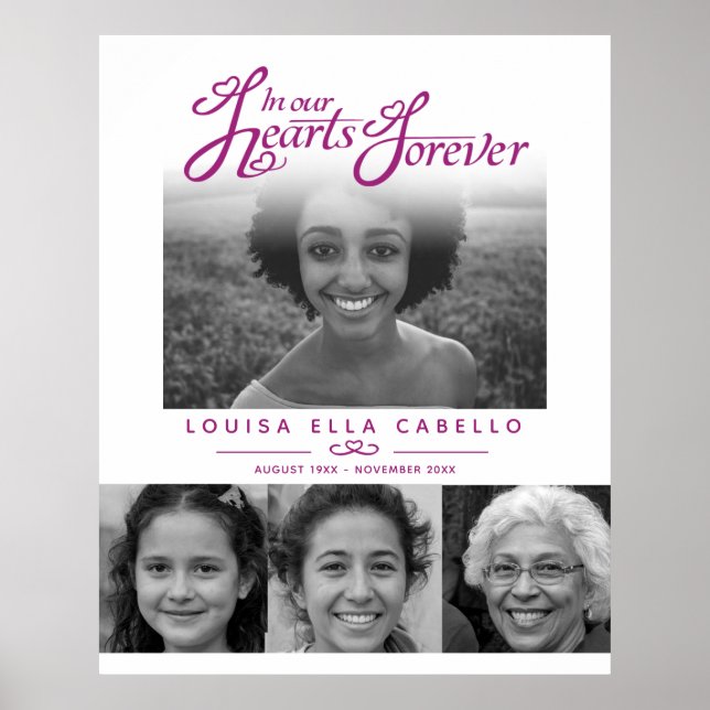 Memorial in hearts photos funeral violet white poster (Front)