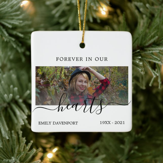 Memorial in our hearts simple elegant photo ceramic ornament (Tree)