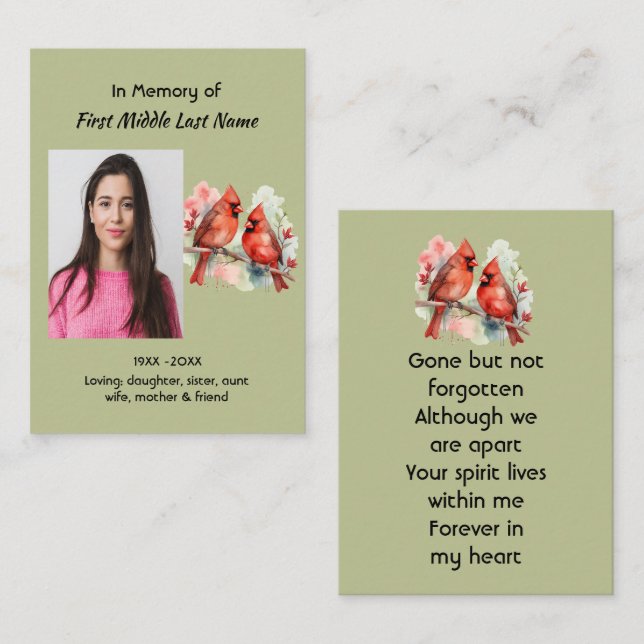 Memorial Keepsake Cardinal Bird Business Card (Front/Back)