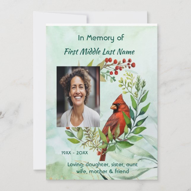 Memorial keepsake Cardinal Bird Invitation (Front)