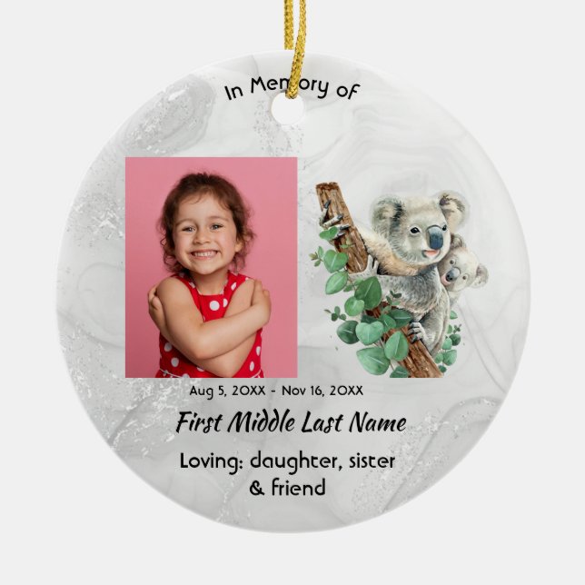 Memorial Keepsake Cute Koala Children Ceramic Tree Decoration (Front)