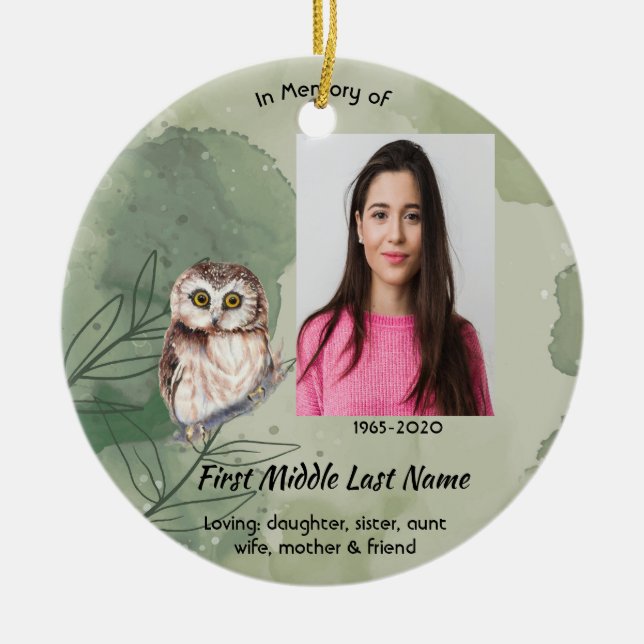 Memorial Keepsake Cute Owl Bird Ceramic Tree Decoration (Front)