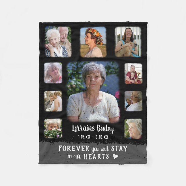 Memorial Keepsake Edge Fade Photo Collage Blk Grey Fleece Blanket (Front)