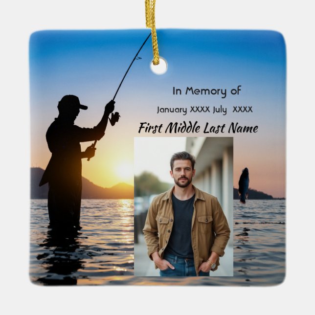 Memorial Keepsake Fisherman Fishing Fish Ceramic Ornament (Front)