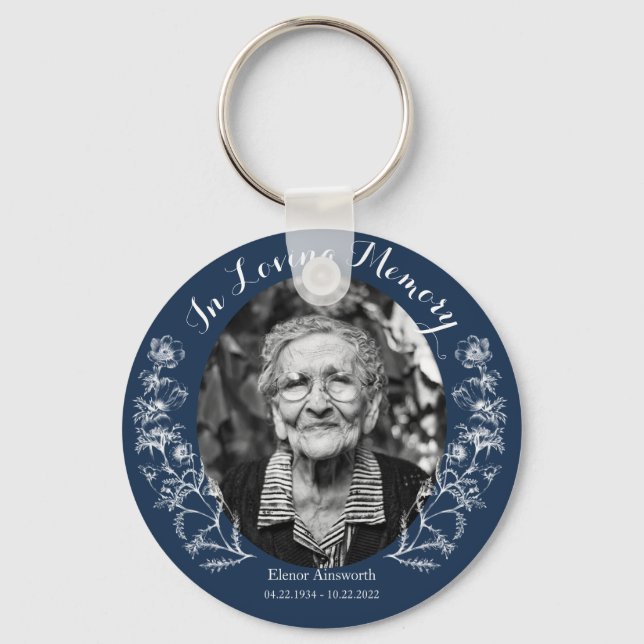 Memorial Keepsake Floral Custom Photo Blue Key Ring (Front)