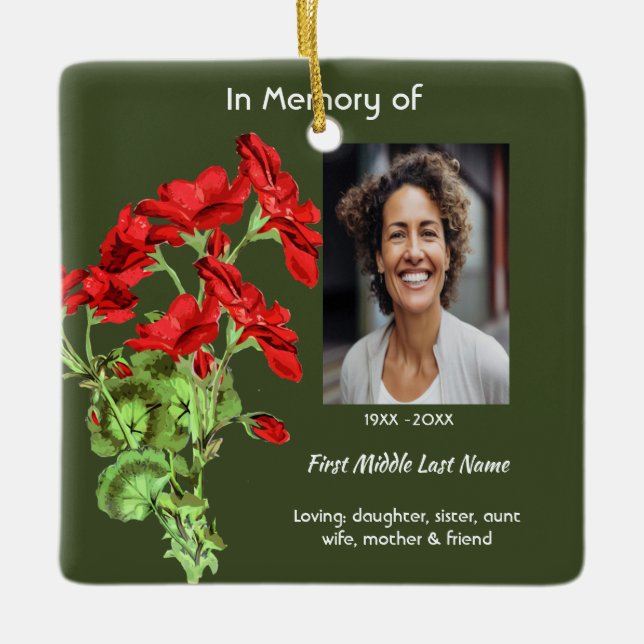 Memorial Keepsake Geranium Flower Ceramic Ornament (Front)