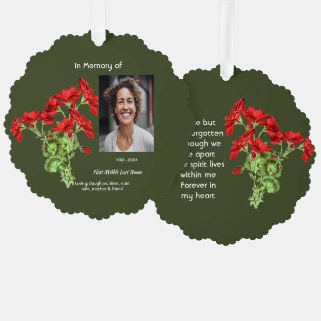 Memorial Keepsake Geranium Flower Tree Decoration Card (Front/Back)