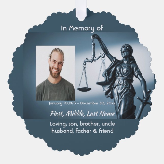 Memorial Keepsake Scales Justice Law Tree Decoration Card (Front)