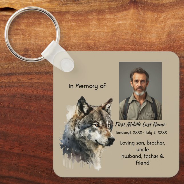 Memorial Keepsake Watercolor Wolf Animals Key Ring (Front)