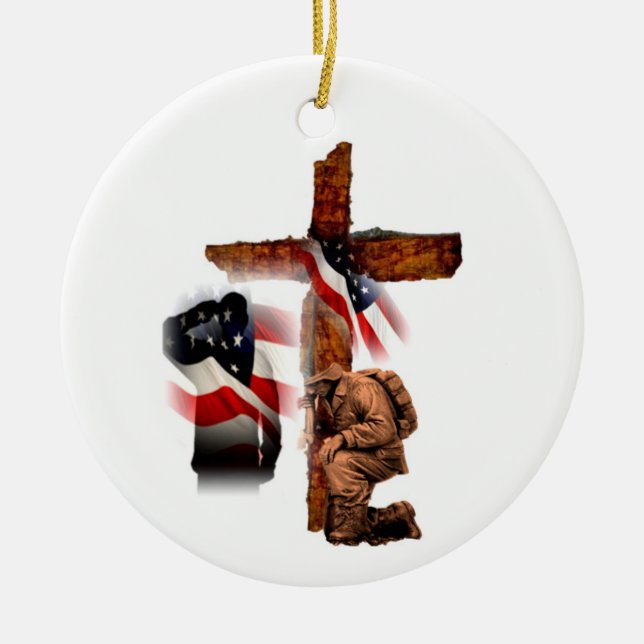 Memorial Kneeling and Saluting Soldier Cross Ceramic Tree Decoration (Front)