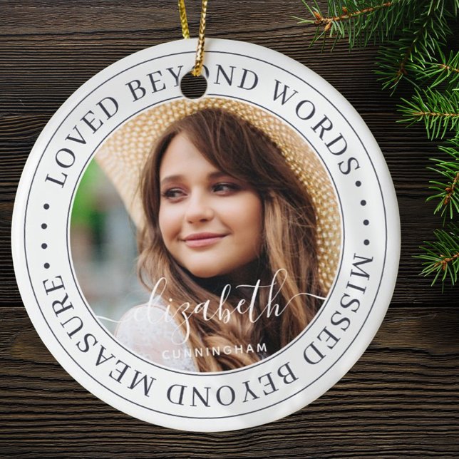 Memorial Loved Beyond Words Elegant Chic Photo Ceramic Tree Decoration (Creator Uploaded)