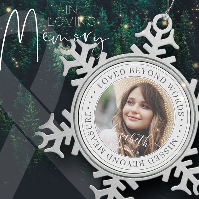 Memorial Loved Beyond Words Elegant Chic Photo Snowflake Pewter Christmas Ornament (Creator Uploaded)
