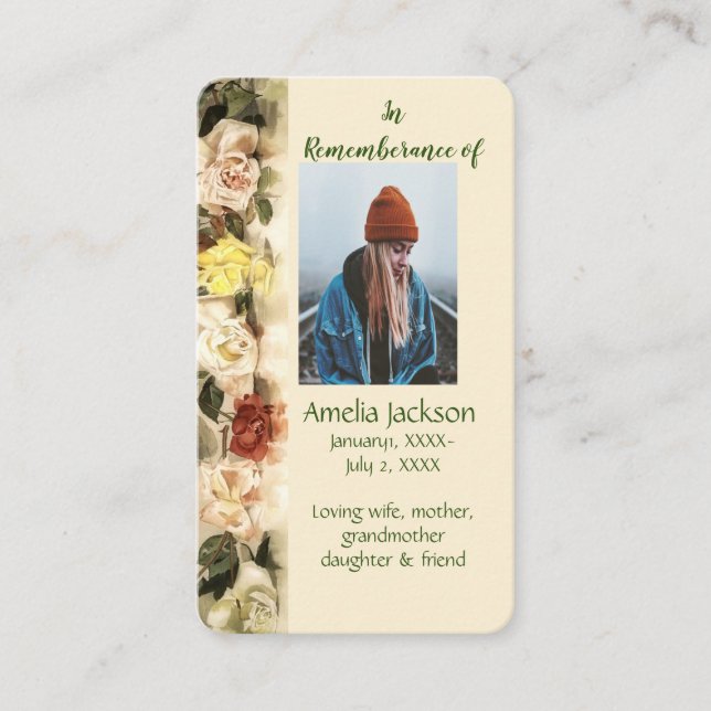 Memorial Memory Card Roses Garden Floral (Front)