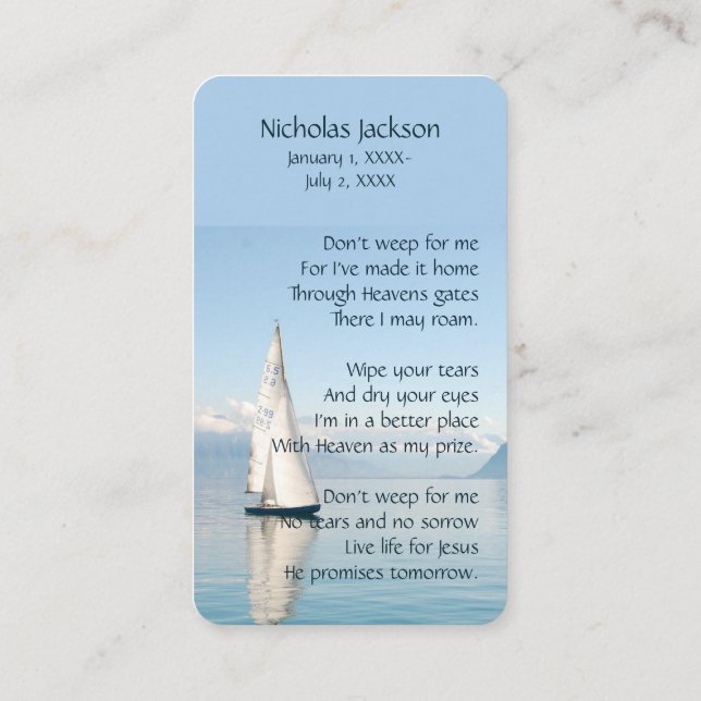 Memorial Memory Card Sailboat Sailing (Back)