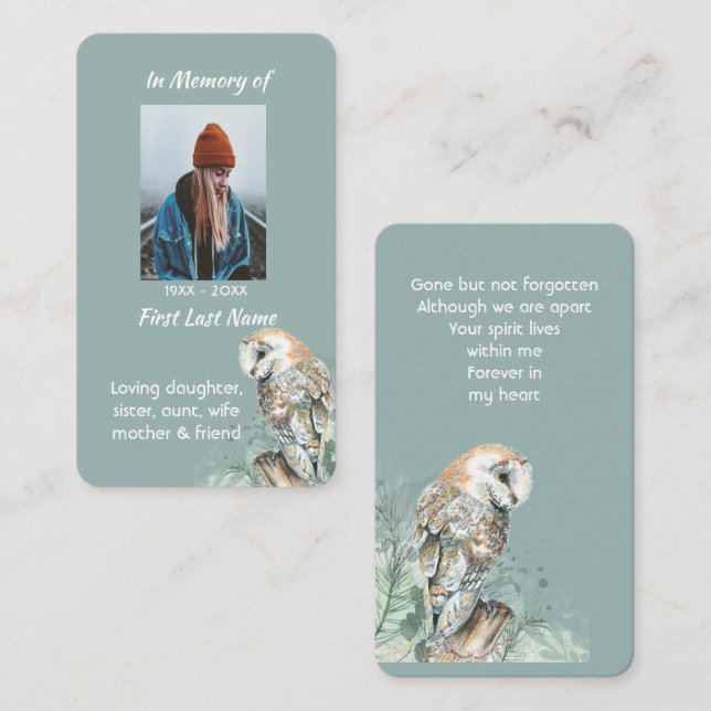 Memorial Memory Card Watercolor Barn Owl Bird (Front/Back)