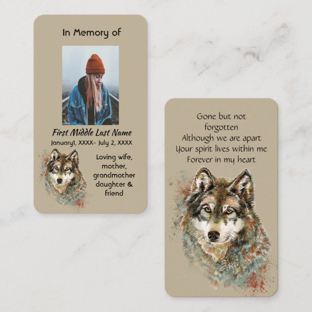 Memorial Memory Card Watercolor Wolf Animals (Front/Back)