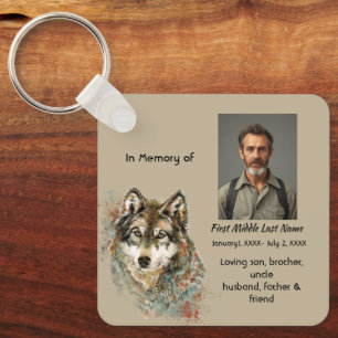 Memorial Memory Card Watercolor Wolf Animals Key Ring