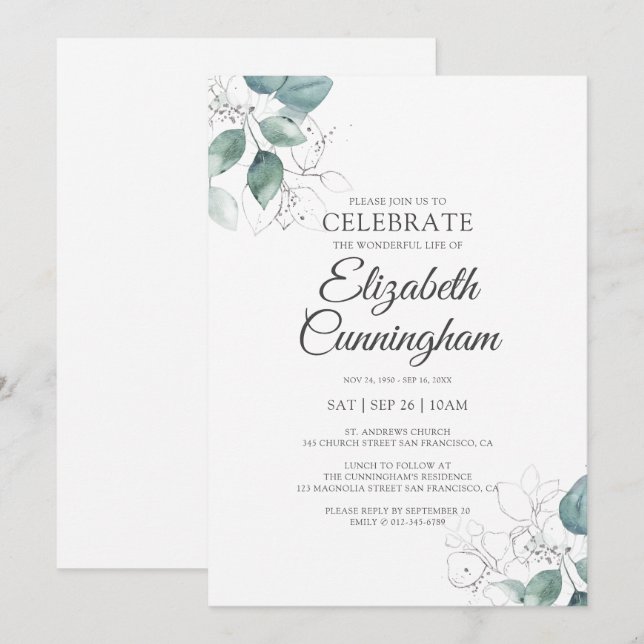 Memorial Modern Greenery Foliage Botanicals Invitation (Front/Back)