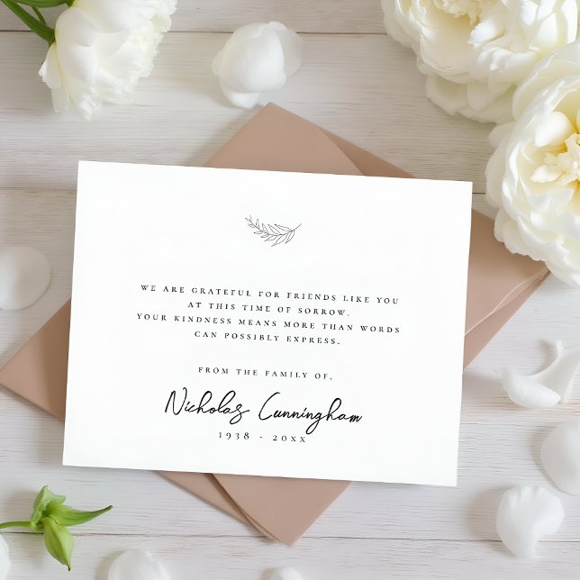 Memorial Modern Simple Elegant Black & White Leaf Thank You Card (Creator Uploaded)