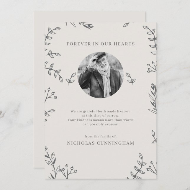 Memorial Modern Simple Foliage Botanical Thank You Card (Front/Back)