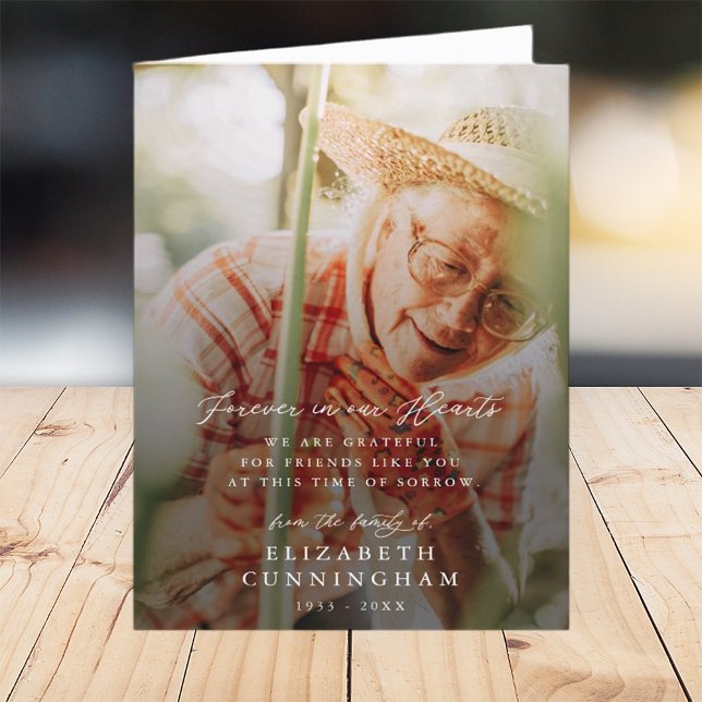 Memorial Modern Simple Forever in our Hearts Photo Thank You Card (Creator Uploaded)