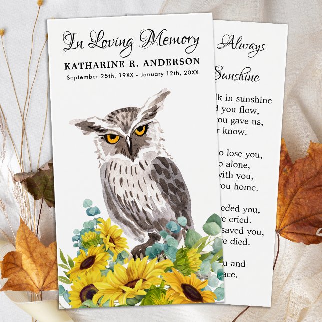 Memorial Owl Sunflowers Floral Funeral Prayer Card (Creator Uploaded)