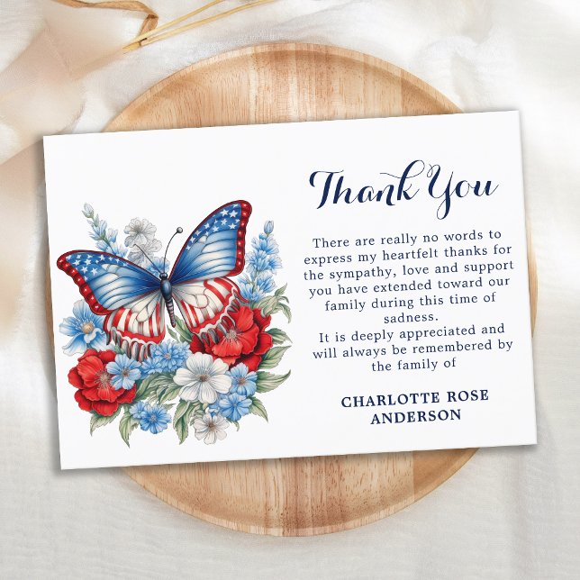 Memorial Patriotic Butterfly Sympathy Funeral Thank You Card (Creator Uploaded)