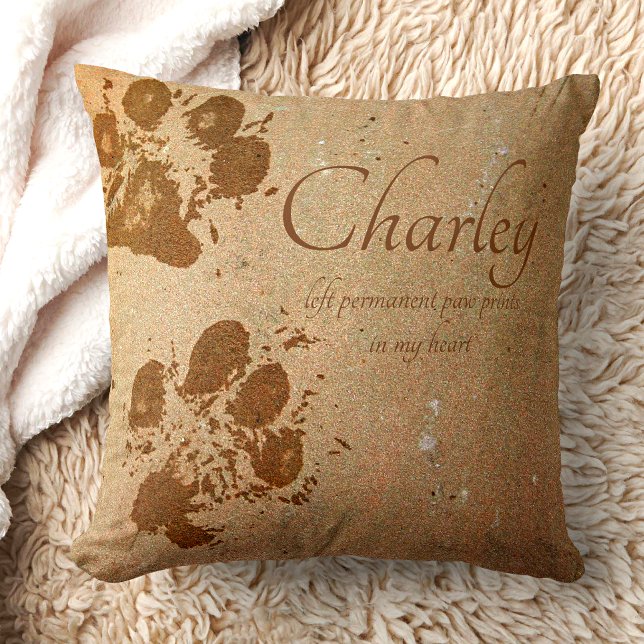 Memorial Pet Tan Muddy Paw Prints Name  Cushion (Creator Uploaded)