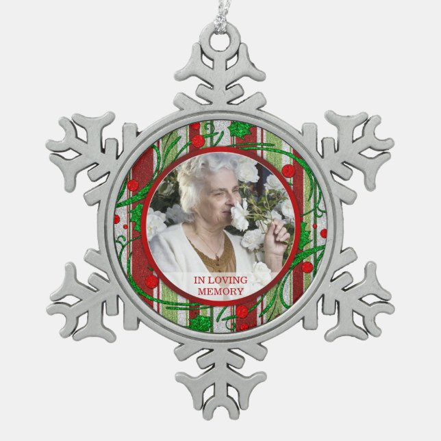 Memorial Photo Christmas Holly Berries Snowflake Pewter Christmas Ornament (Front)